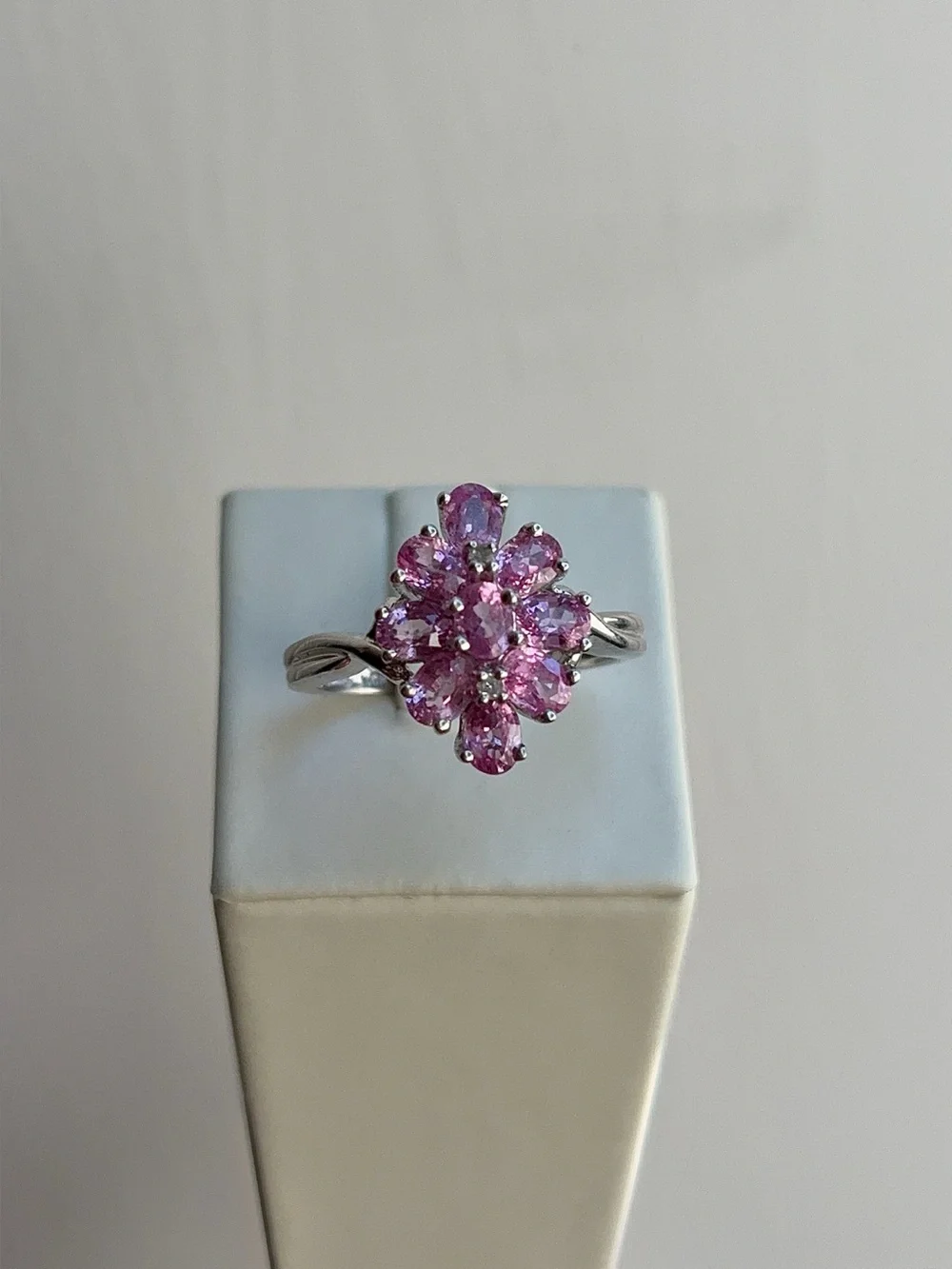 10k White Gold Diamond Pink Topaz Gemstone Cluster Cocktail Ring